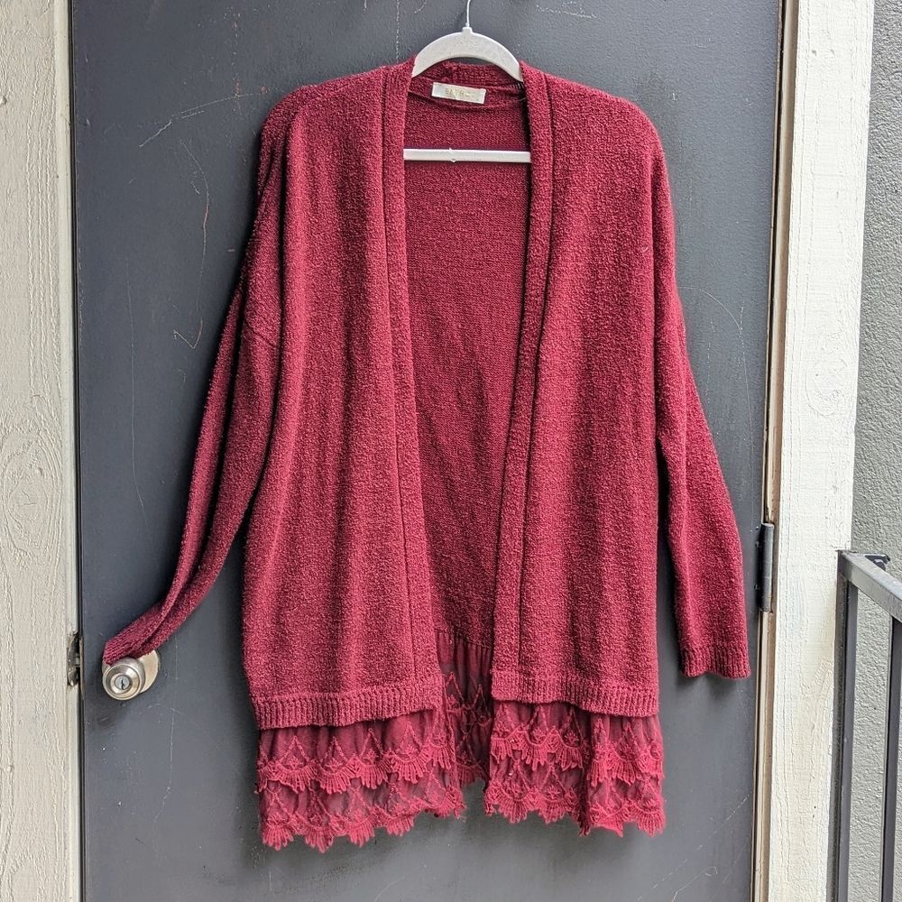Entro Dolman Sleeve Oversized Cardigan with Crochet Lace Hem Long Length Red